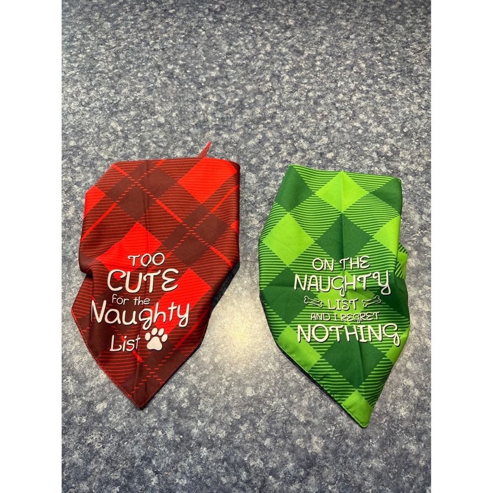 Christmas Dog Bandana Set 2pc Red Green Buffalo Plaid Naughty List Holiday Pet
